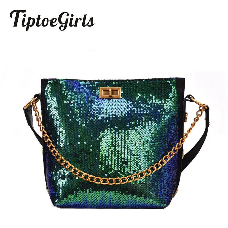 

High Quality Sequins Bucket Bag Ladies Shoulder Bag New Fashion Personality Lock Lock Casual Wild Messenger Bag