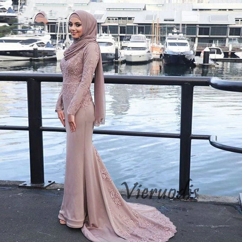 49-1               Muslim Evening Dresses Appliques Mermaid Long Sleeves With Scarf Islamic Dubai Saudi Arabic Long Prom Gown abendkleider 2019