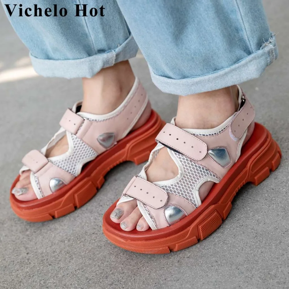 

Vichelo Hot new design vintage retro natural leather mesh breathable med bottom platform hook&loop peep toe women sandals L19