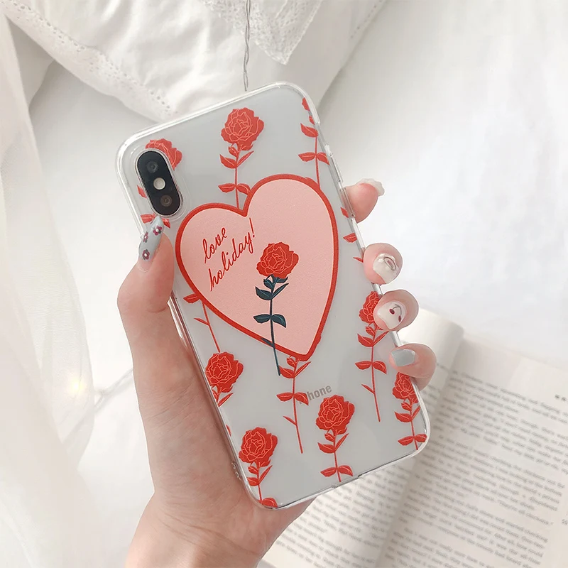 

Red Roses floral phone case for iphone 7 8 6 6s Plus Clear soft tpu case For iphone X XR XS Max love heart Case back cover