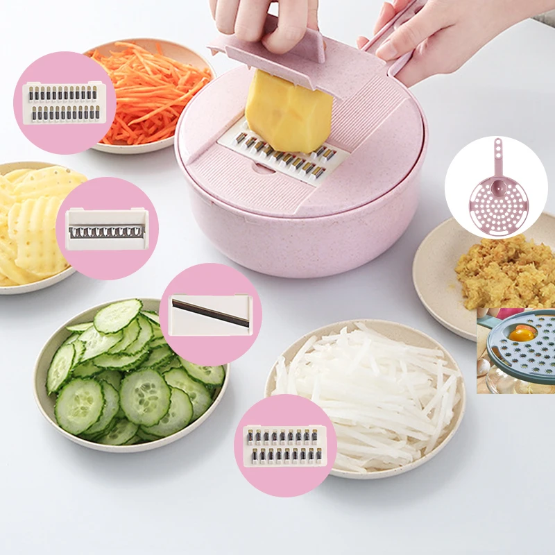 9 pcs /Set Kitchen Cutter Fruit Vegetable Slicer Potato Carrot Grater Garlic Chopper Mandoline Cutter with Noodle Drain Basket