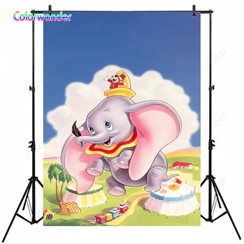 

Photography Background Circus Party Baby Elephant Dumbo with His Friend 5x7ft Blue Sky Birthday Backdrops for Photo Booth Prop