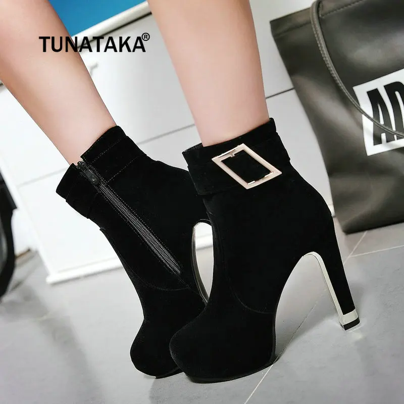 

Women Flock Squae High Heel Ankle Boots Platform Zip Winter Fashion Woman Shoes Beige Red Black