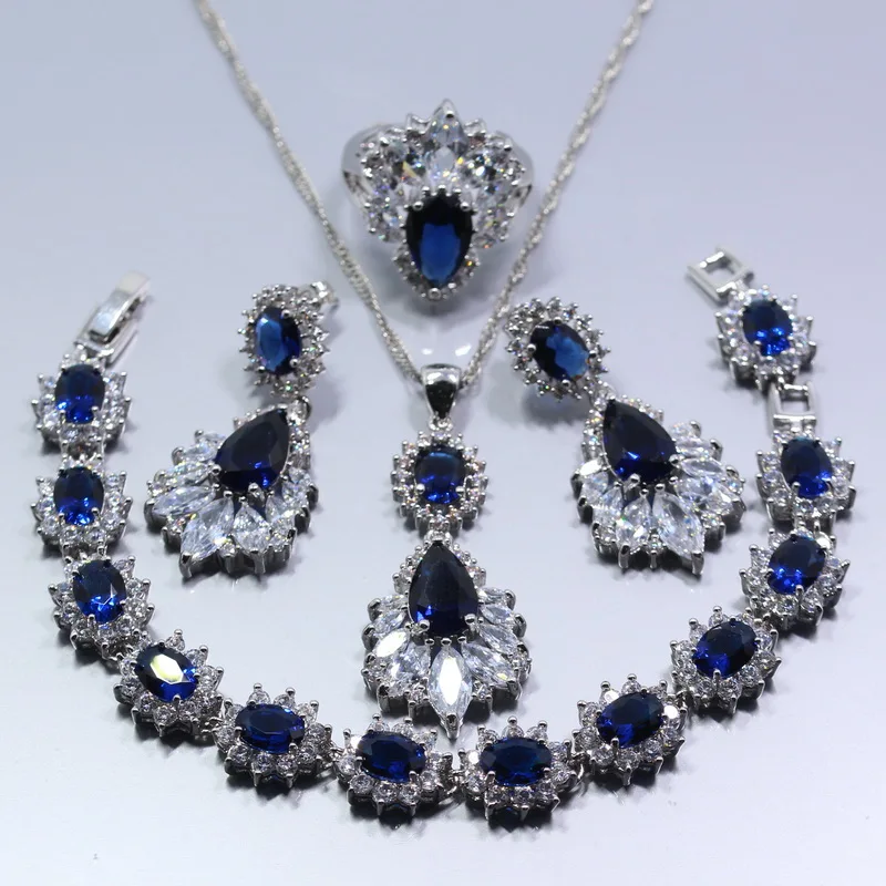 

Dubai Women Wedding Jewelry Sets of 925 Silver Austria Crystal With Natural Blue Stones Costume Bracelet And Ring Sets