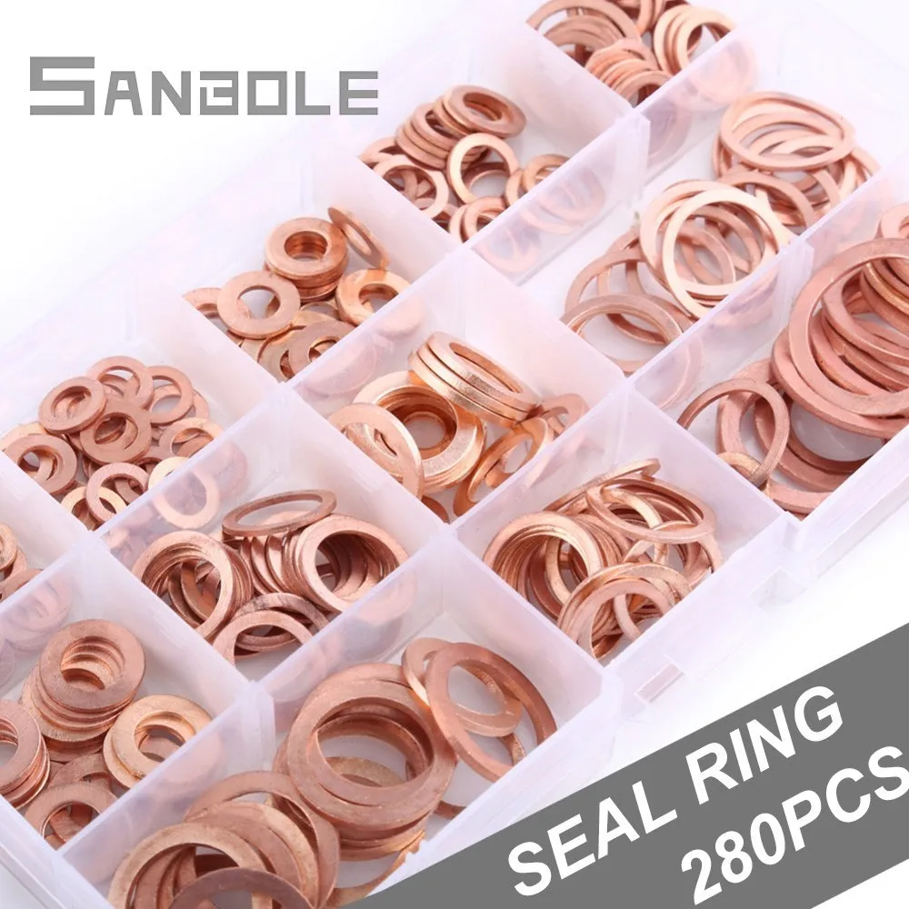 280pcs/box Copper Sealing Ring Gasket Group Combine Boxed Solid Flat