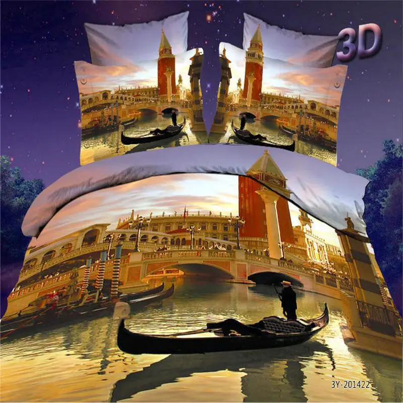 البندقية المياه قارب 3D مدينة الغروب الفراش مجموعة ملكة حجم القطن الخالص 4 أجزاء نوم مجموعات ملاءات السرير غطاء لحاف المخدة