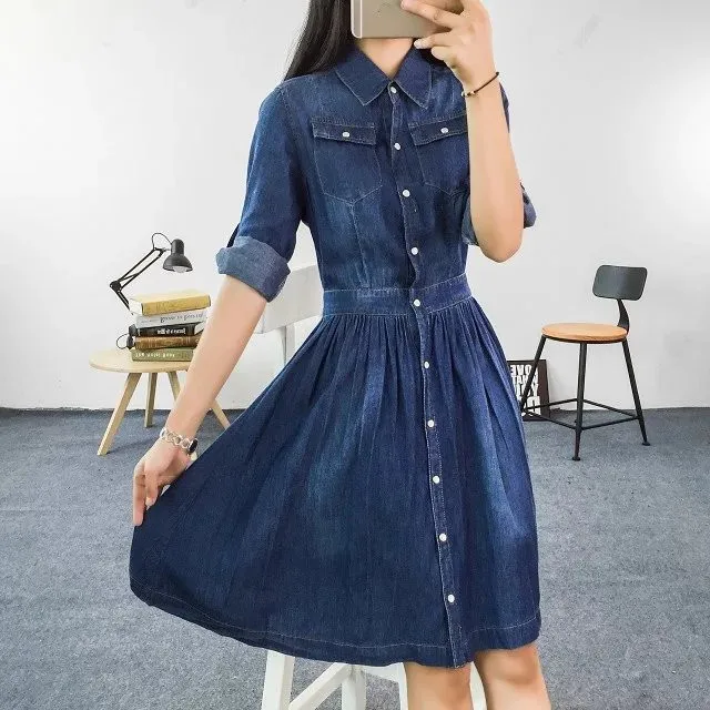 Three Quarter Sleeve One-Piece Denim Dress | Uniqistic.com