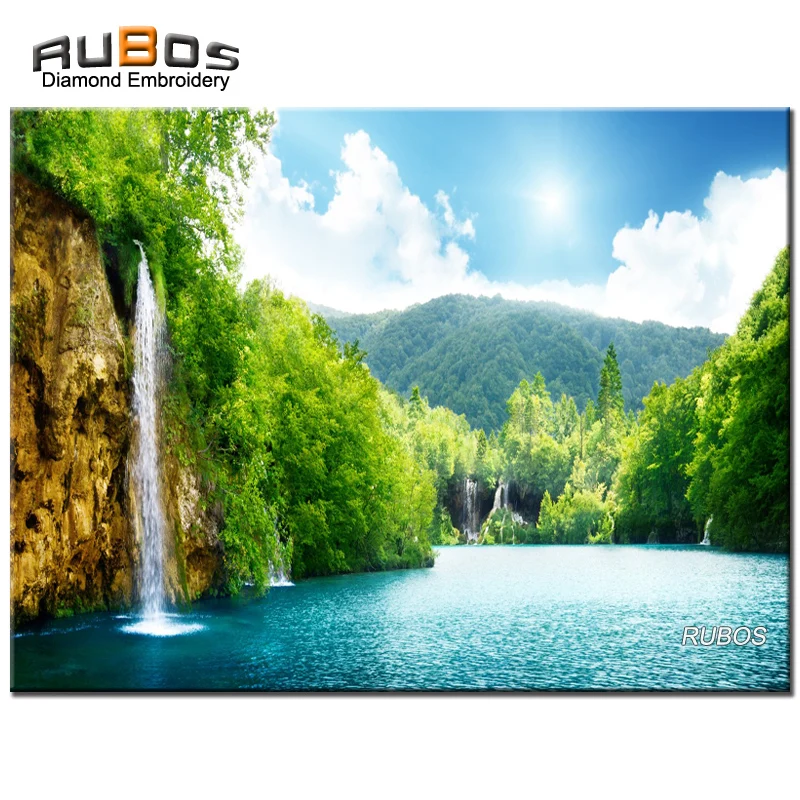 RUBOS 5D DIY full diamond embroidery green nature waterfall picture by rhinestone diamond painting mosaic Rubik's Cube 2018 sale (1)
