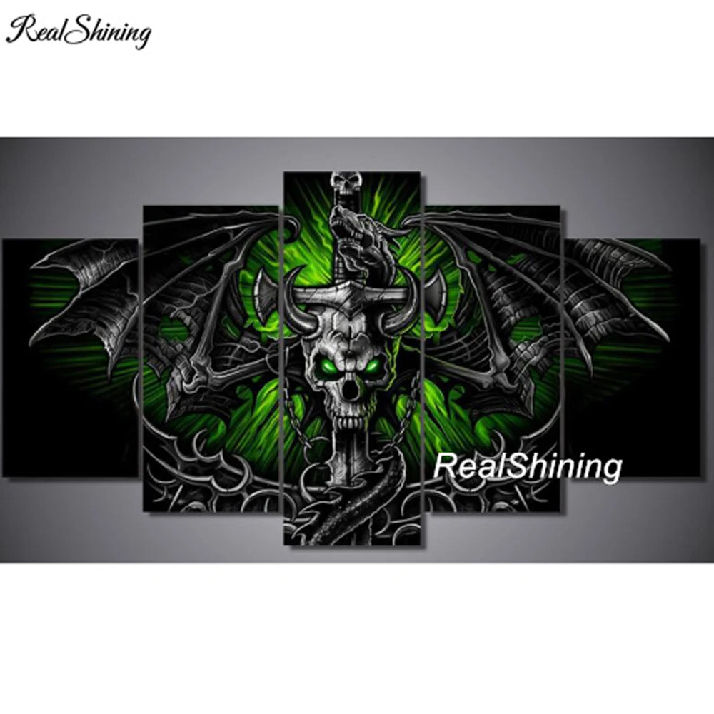 

REALSHINING 5Pcs 3D Full Square Diy Diamond Painting Cross Stitch Pattern Diamond Embroidery Skull Bat Arm Room Decor DM343