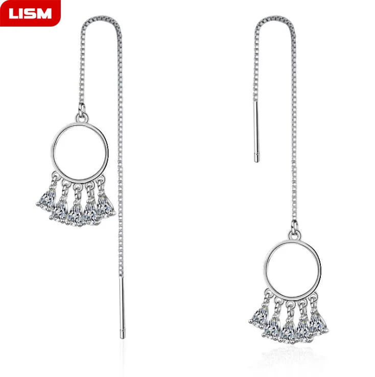 

New Fashion Silver Plated Dangle Hanging Gem Stone Zircon CZ Stone Long Drop Earrings For Women Jewelry brincos bijoux