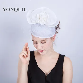 

White mesh wedding headpiece flower headband cocktail race hair fascinator hats elegant ladies chapeau cap met hair accessories