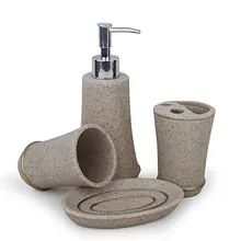 

4Pcs Bathroom Accessory Set Toilet Requisites: Soap Dish, Liquid Dispenser, Toothbrush Holder, Tumbler, Beige-Gray