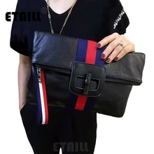 New Red and Blue Striped 2016 Famous Brand Women High Quality Real Leather Envelope Clutch Bag Purse Party Evening Crossbody Bag