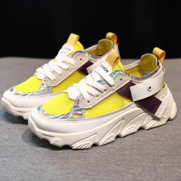 

2019 Autumn New Women Shoes Spring White Sneakers Women Fashion Platform Lace-up Ladies Breathable Mesh Vulcanized Shoes T7088