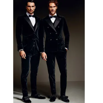 

2019 Fashionable Men Suit Double Breasted (Jacket+Pants+Vest) Bespoke Mens Velvet Wedding Groom Tuxedo Groomsman Best Man terno