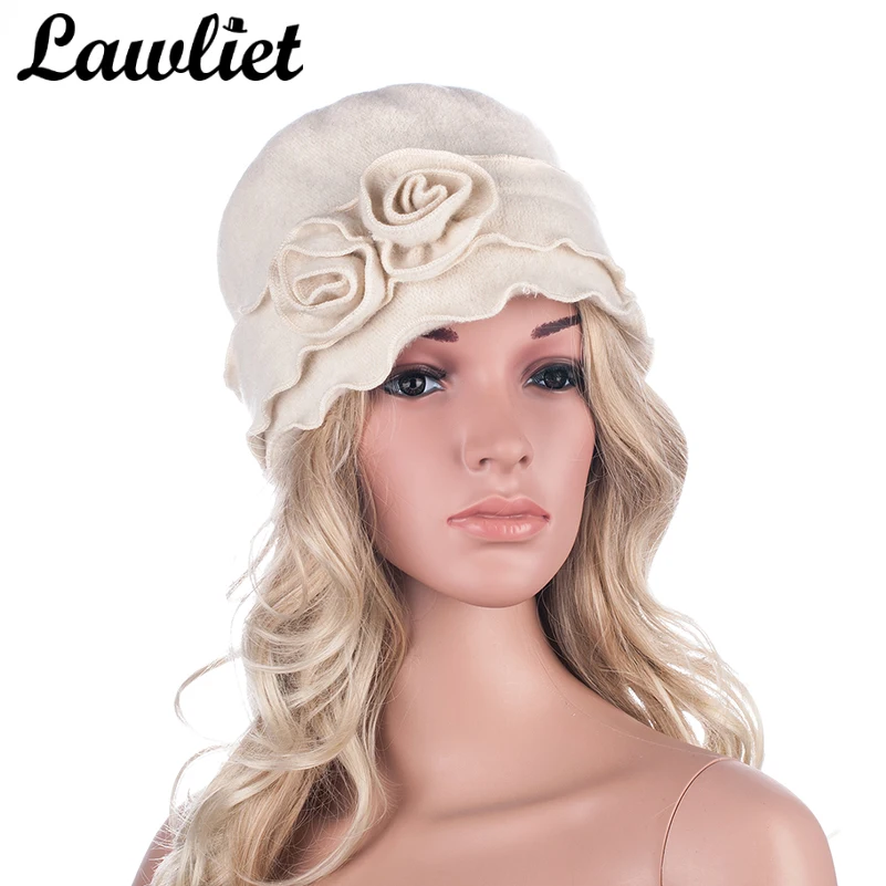 

Lawliet Winter Cap Women Beret 1920s GATSBY Style Solid Two Flowers Beanie Wool Hats for Women Ladies Bucket Crochet Hat A285
