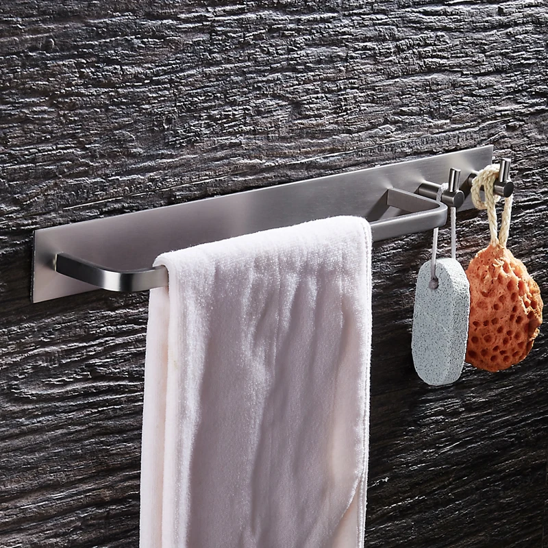 Towel Bar Black Aluminum Brushed Single Towel Holder Rail Wall Mounted Bathroom Towel Rack Hanging Holder with 2 Hooks toallero