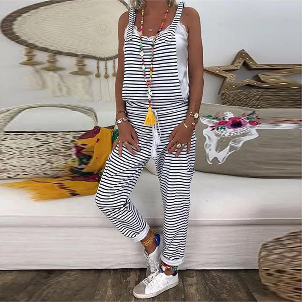 

Women's Fashion Summer Casual Striped Bib Idyllic Simple Bib combinaison femme rompers womens jumpsuit mono mujer overalls