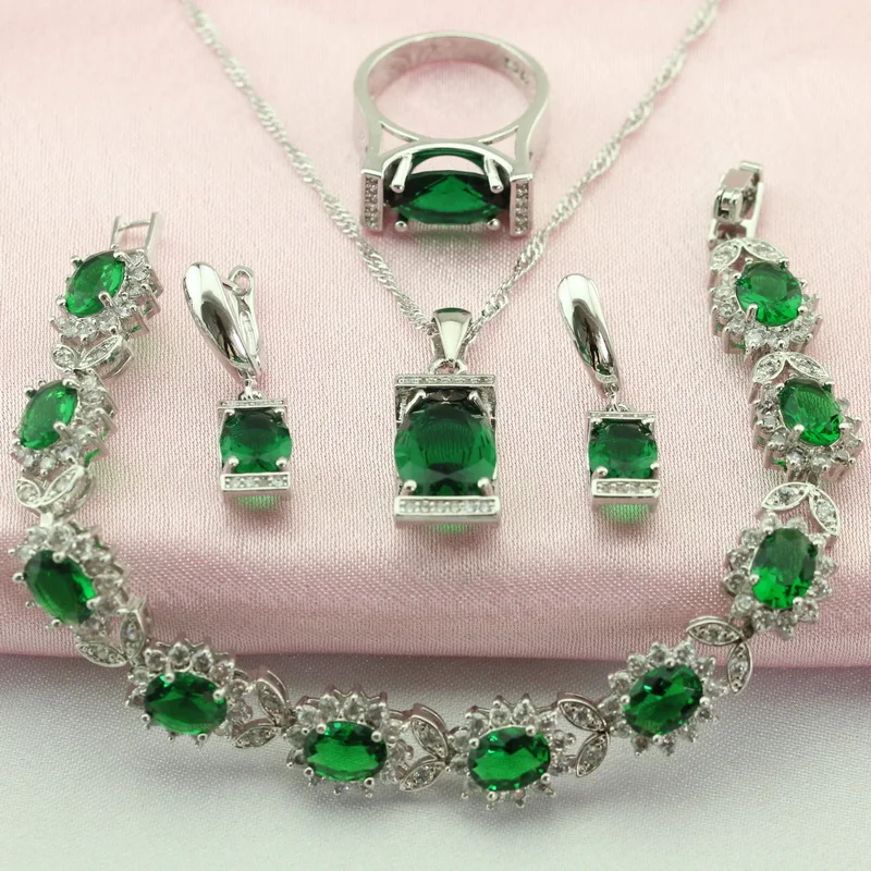 

WPAITKY Trendy Green Created Emerald 925-Sterling-Silver Jewelry Set For Women Necklace Earrings Bracelet Ring Free Jewellry Box