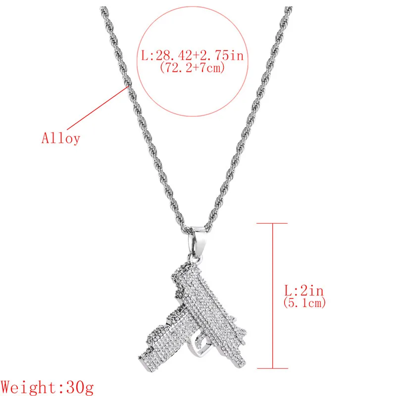 Ожерелье с подвеской в форме пистолета в стиле хип-хоп для женщин и мужчин, стразы, Серебряное длинное ожерелье с цепочкой, мужские вечерние ювелирные изделия LN10011