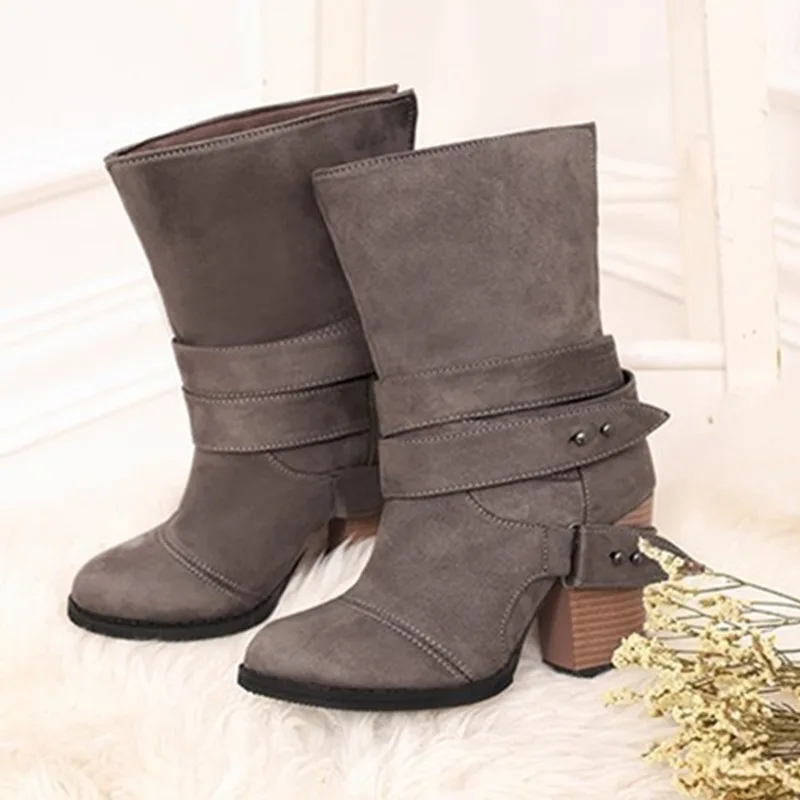 Günstig Frauen Stiefel Mode runde Kappe Frauen winter Stiefel Bequem Platz Ferse Flock Schuhe Frauen Gürtel dekoration Mid waden Martin stiefel