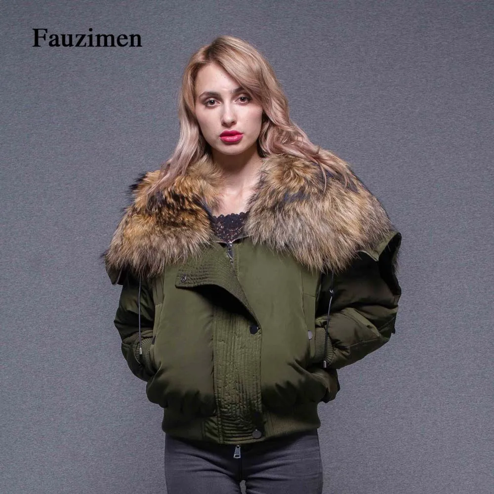Женское зимнее пальто большой енот высокого качества с меховым капюшоном куртка-бомбер ветровка женские куртки одежда парка - Цвет: green