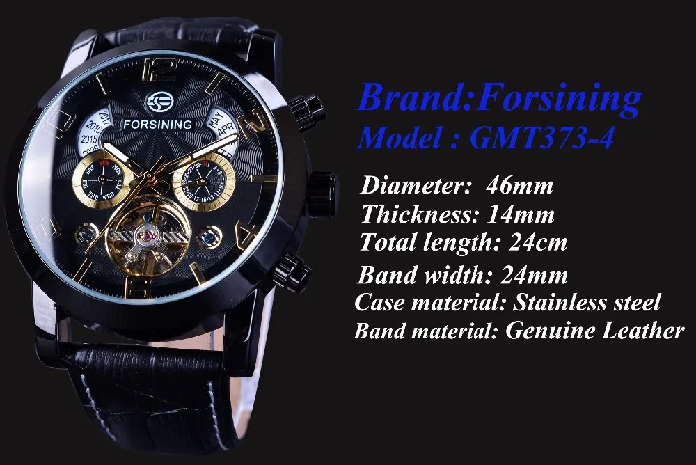 Forsining Tourbillion ل الأزياء موجة الأسود الذهبي ساعة متعددة وظيفة عرض رجل التلقائي ساعات آلية أعلى العلامة التجارية الفاخرة