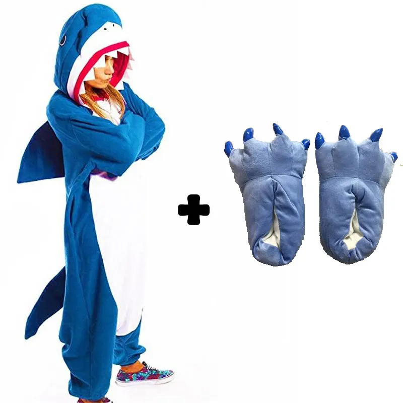 

Adults Animal Pajamas Sets Cartoon Sleepwear Cosplay Women Men Winter Unisex polar fleece blue shark Pajamas shoes slipper