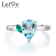 Leige Jewelry Proposal Ring Natural Aquamarine Ring March Birthstone Pear Cut Blue Gemstone 925 Sterling Silver Romantic Gifts