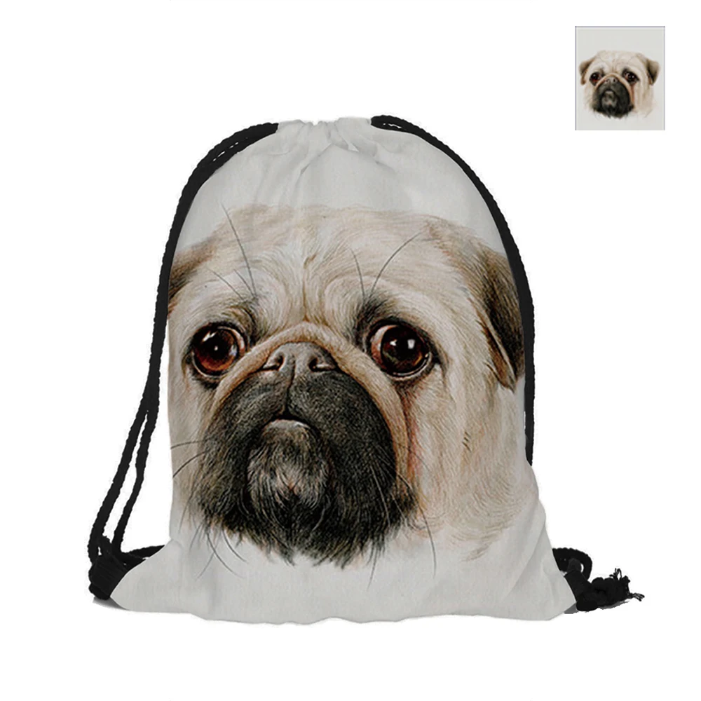 Cute Puppy Drawstring Backpack Pug Portrait Double Sided Printing