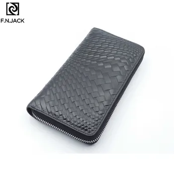 

F.N.JACK Designer Purses Leather Purse Mens Knitted Cowhide Fashion Handbag Long Zipper Bag Male Black Wallet for Men 2019