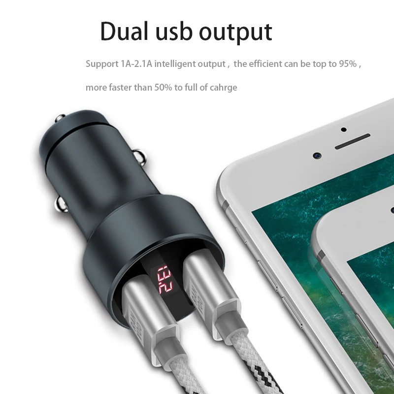 Универсальное автомобильное зарядное устройство из алюминиевого сплава с двумя портами usb 2.1A+ 1A Быстрая зарядка для Xiaomi samsung iPhone и т. д. с автомобильным дисплеем напряжения