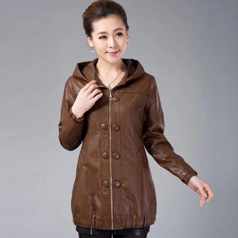 2017 Autumn Winter Women hooded Leather Jacket double