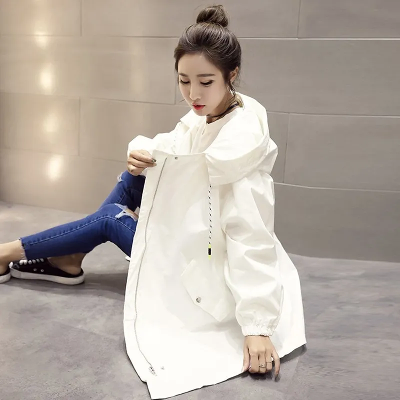 Autumn Women Pure Color Long Trench Coat Loose Hooded Windbreaker Adjustable Waist Female preppy Oversize Thin Overcoat Outwear