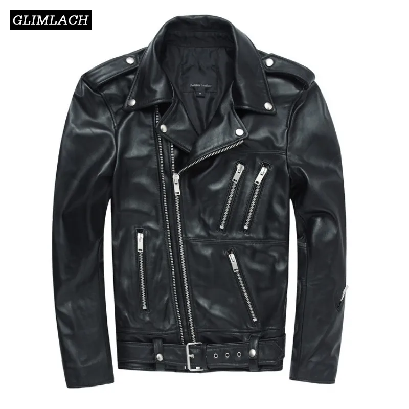 

2019 Plus Size Black Mens Motorcycle Jacket Genuine Leather Slim Biker Jacket Sheepskin Leather Coats Multi Zippers Streetwear