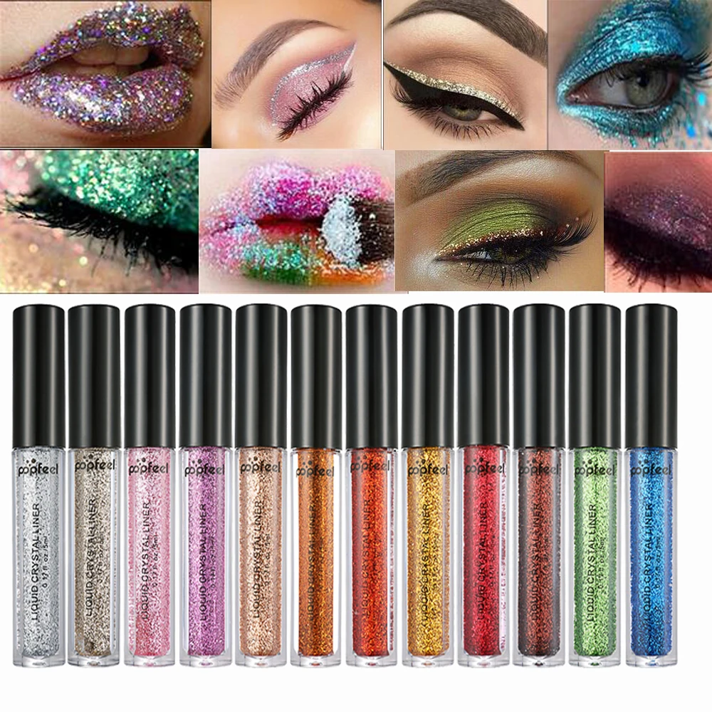 

Popfeel glitter liquid eyeliner cream 12 colors waterproof purple gold brown silver shimmer eyeliner gel highlighter kit BD037