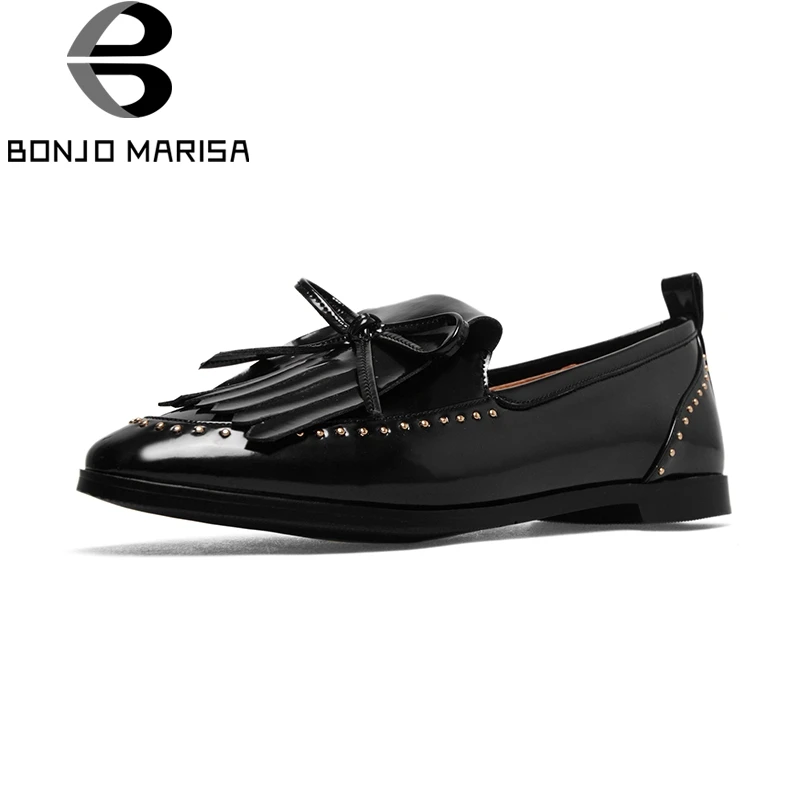 

BONJOMARISA Large size34-43 Round Toe Flats Spring Patent Leather Women Shoes Slip On Mules Buterfly Knot Decoration