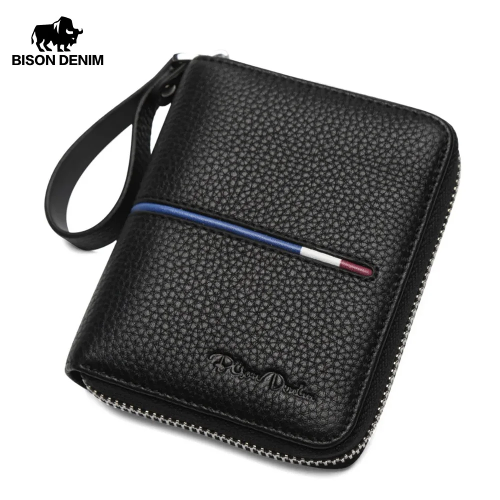 BISON DENIM Cowhide Leather Men Wallets Fashion Purse With Card Holder