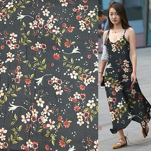 

Floral print on black background pure silk chiffon fabric transparent,SCF103