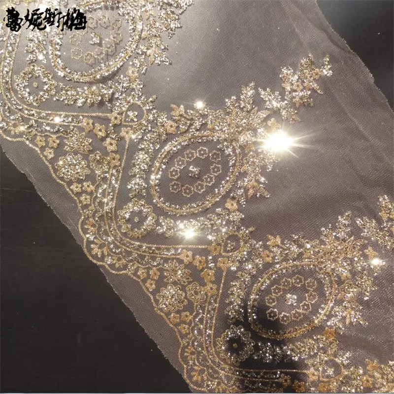 

Delicate 3Meters Hot fix Glitter Wedding Dress Cording Lace Applique Gold Embroidery Lace Accessories Trim 29cm LJ0052