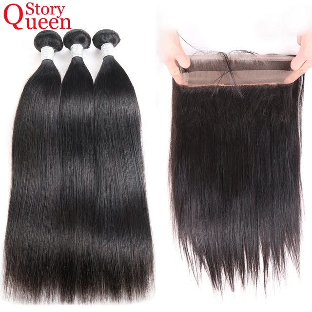 Queen Story 360 Lace Frontal With Bundle 3 Pcs Peruvian Straight