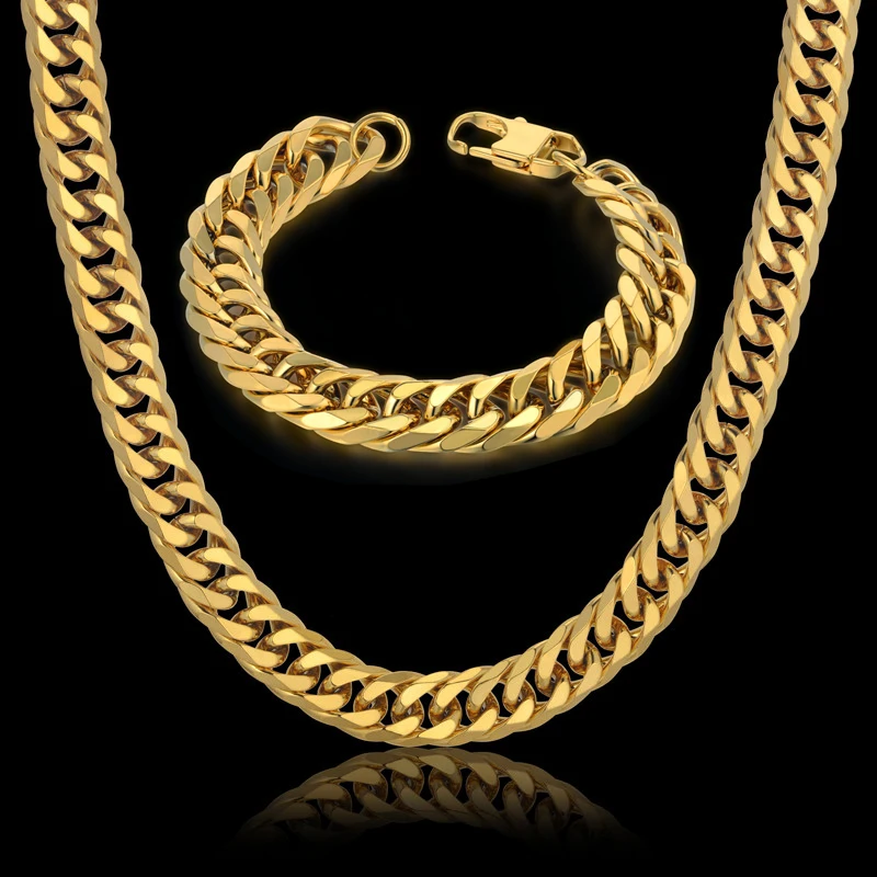 Хип-хоп стиль 14 мм кубинская цепочка ожерелье и браслет набор для мужчин подарок торговля Африканский Дубай золото нержавеющая сталь Ювелирные наборы