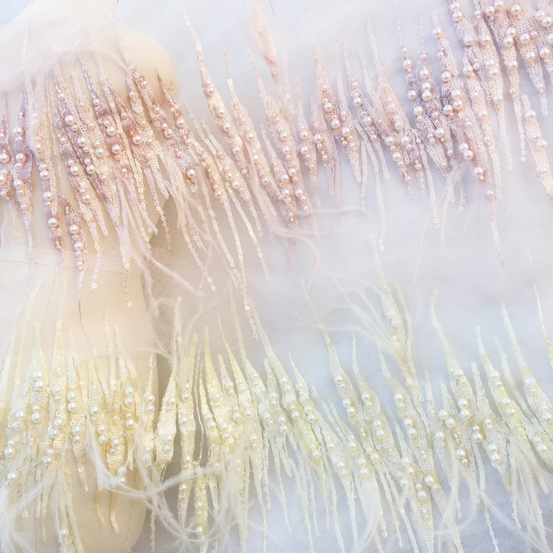 

Sequins Beading Ostrich Feather Lace Patch Applique Fabric Home Dress Bags Hat Shoes DIY Yellow, Flesh Pink 21cm*135cm RS1953