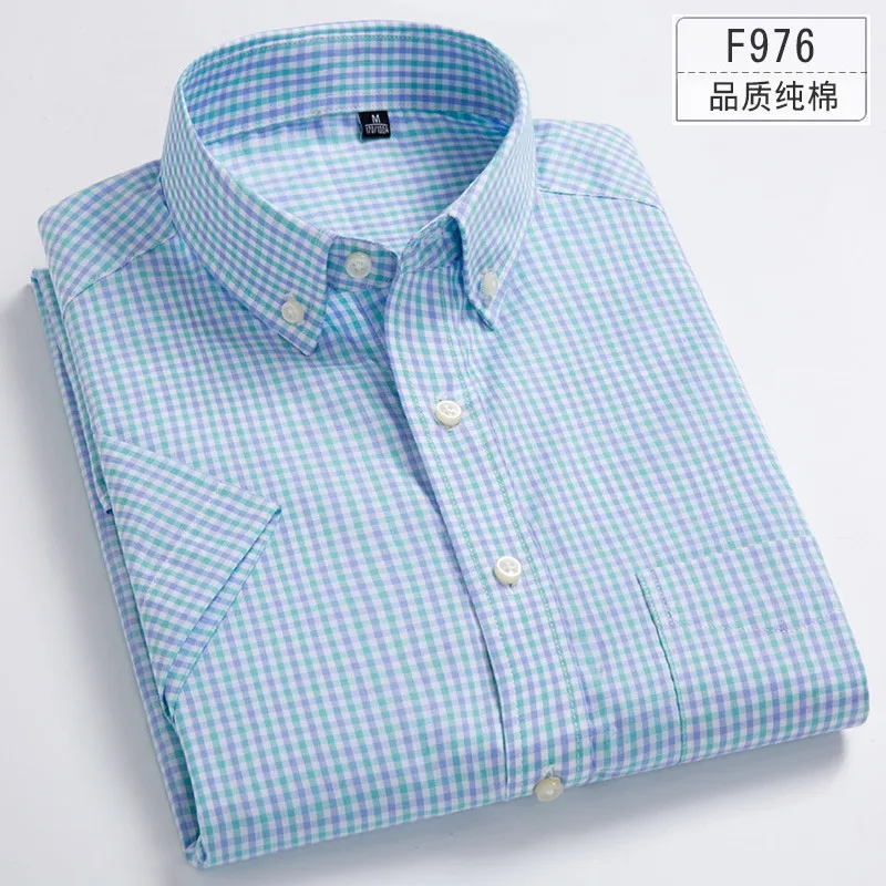 Мужская рубашка размера плюс 5XL 6XL 7XL 8XL, однотонная, в клетку, хлопок, тонкая, с коротким рукавом, повседневная, модная, приталенная, белого и синего цвета - Цвет: F976