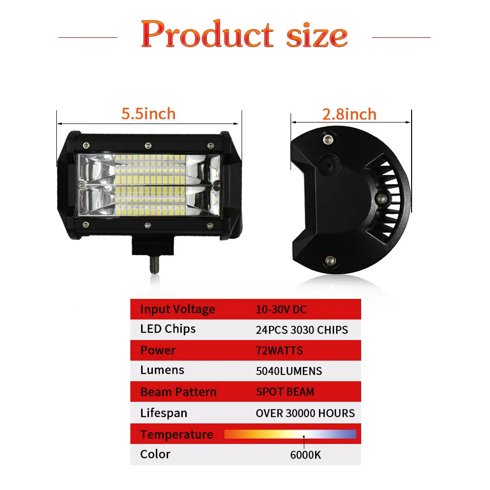 2 шт., 5 дюймов, 72 Вт, 144 Вт, рабочий светильник, 12 В, 24 В, IP68, 6000K для ATV, SUV, KAMAZ, GAZ, ATV, мини-автобус, светодиодный светильник, бар, Стайлинг автомобиля