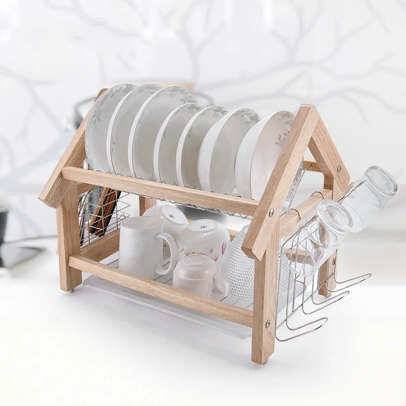 Kitchen racks wooden 2 layer plates chopsticks cup holder drain bowl rack drying filter dish rack wx4211645