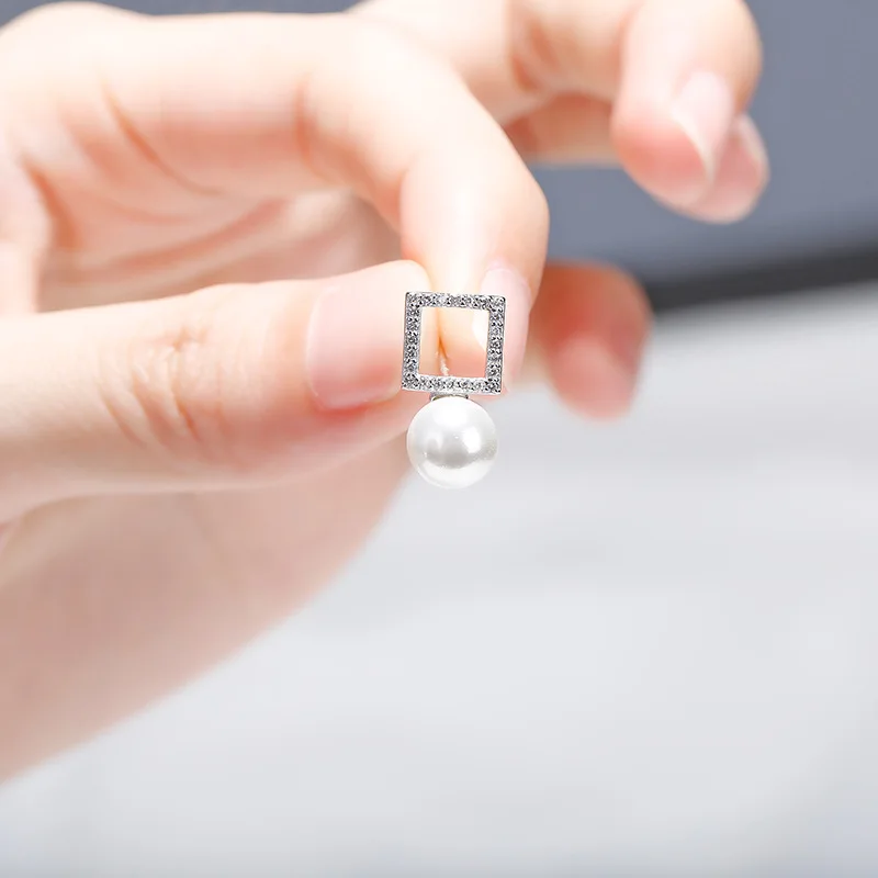 

personality hollow geometric earrings female S925 sterling silver temperament simple square pearl earrings