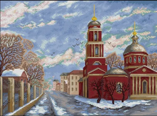 CS-1984 Cross Stitch Kit Winter Snow Russia Moscow City Town Red House Street