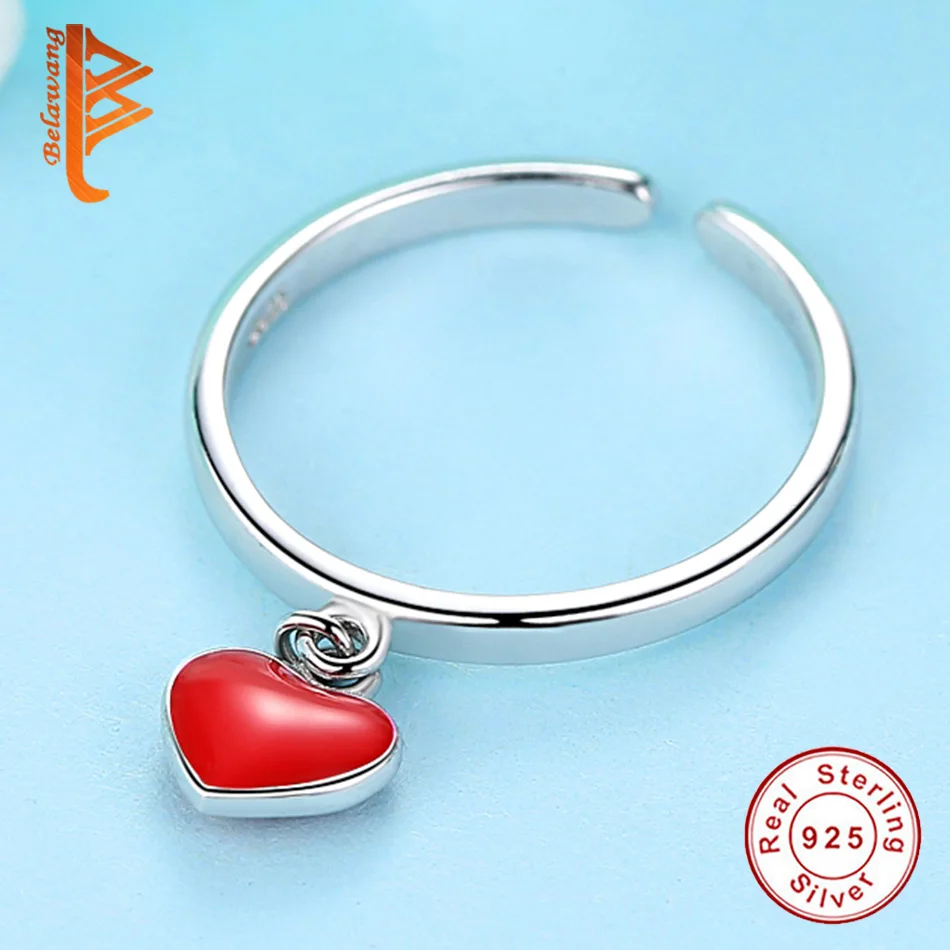 BELAWANG 925 Sterling Silver Red Enamel Pendant Heart Rings for Women Silver Open Ring Engagement Wedding Fashion Jewelry