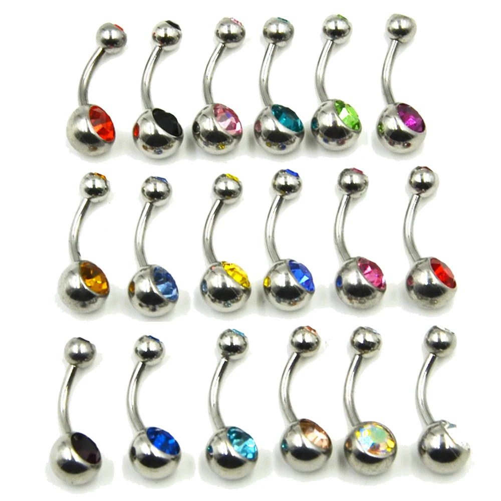 18pcs Set Cz Crystal Double Gem Steel Belly Button Ring Navel Stud Body